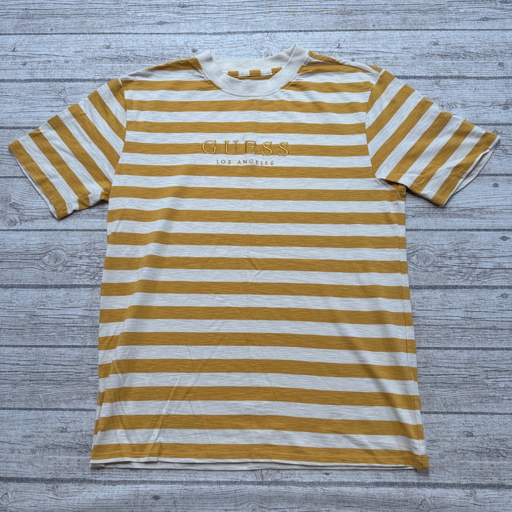 Guess Originals T-Shirt Men's S Yellow White Striped Short Sleeve Cotton Preppy